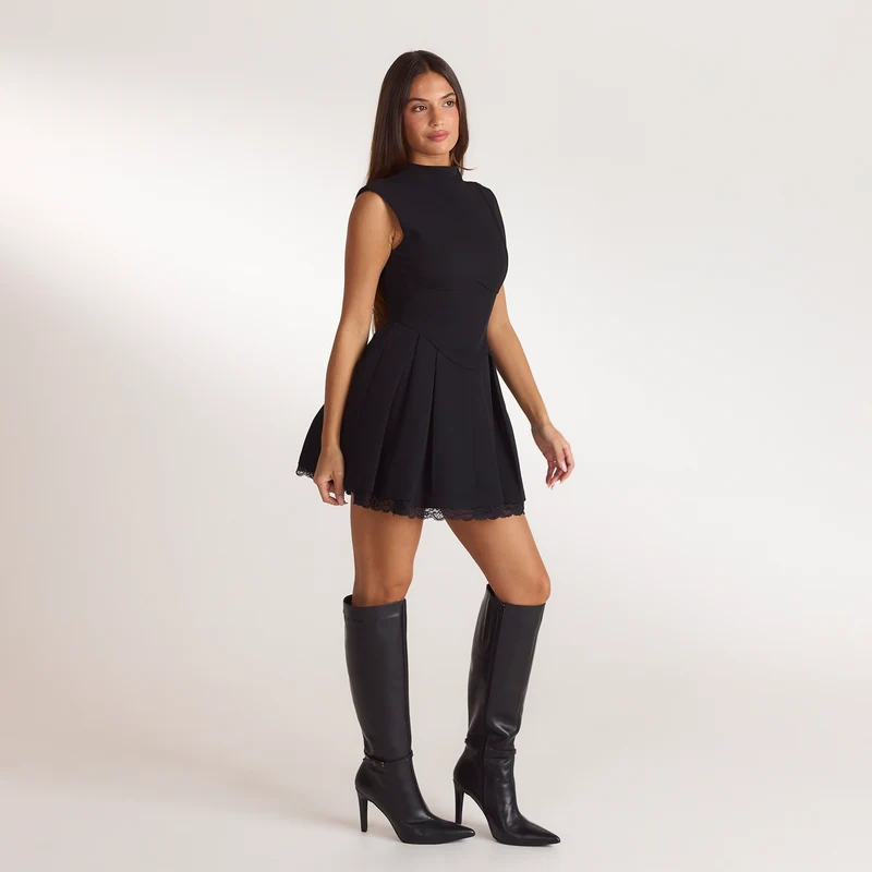 Pleated Cinched Mini Dress - Black