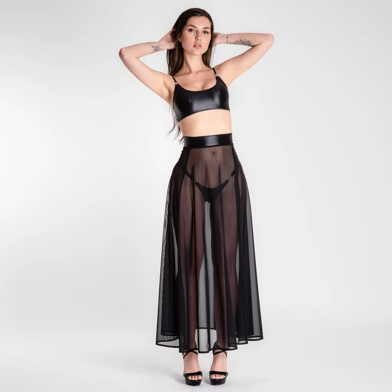 Festival Black - Schwarzer Mesh Maxi Rock mit Schlitz