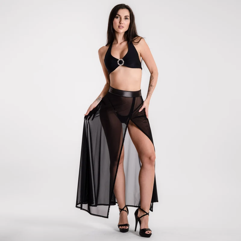Festival Black - Schwarzer Mesh Maxi Rock mit Schlitz