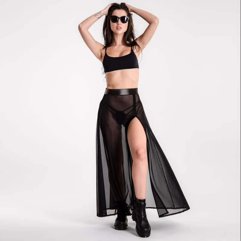 Festival Black - Schwarzer Mesh Maxi Rock mit Schlitz