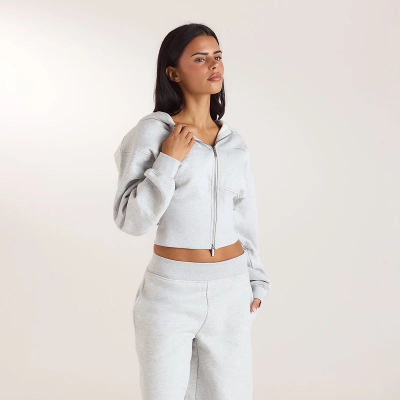 Fitted-Waist Zip-Up Hoodie - Grey