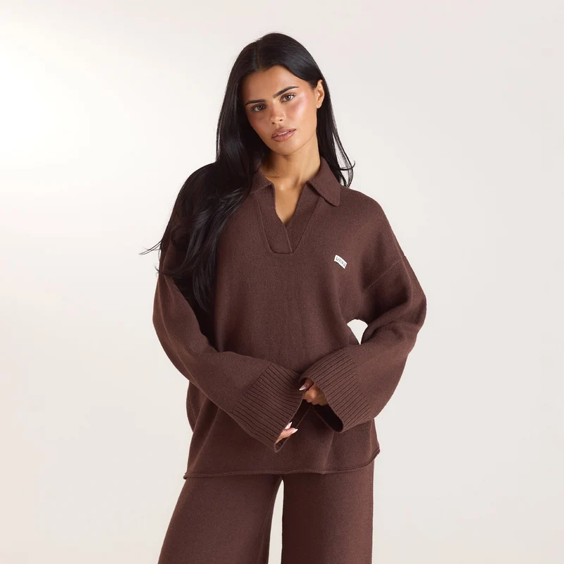 Half Placket Knitted Jumper - Chocolate