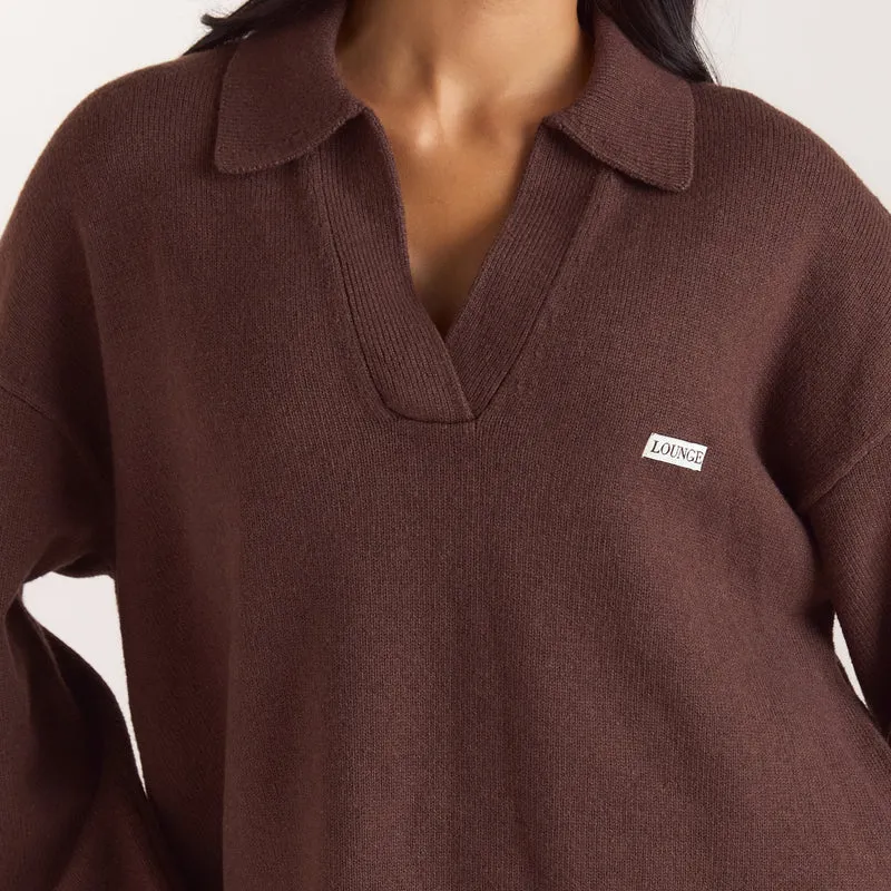Half Placket Knitted Jumper - Chocolate