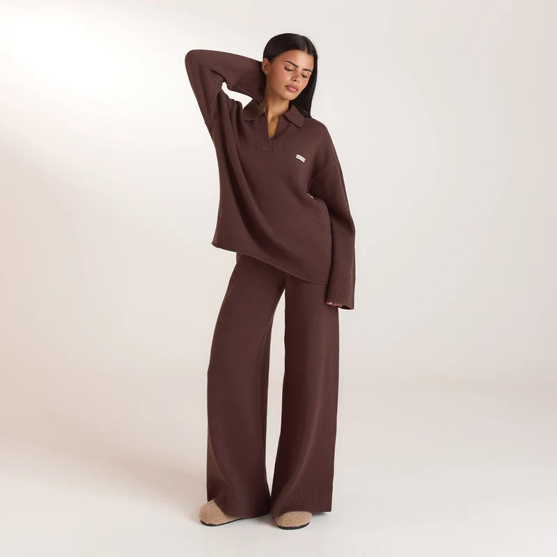 Ribbed Hem Knitted Trousers - Chocolate