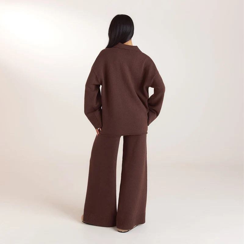 Ribbed Hem Knitted Trousers - Chocolate