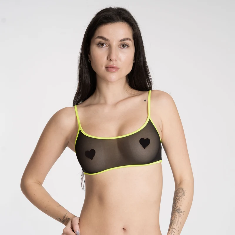Transparent Black Neon Yellow - Mesh Bralette - Schwarz/Gelb