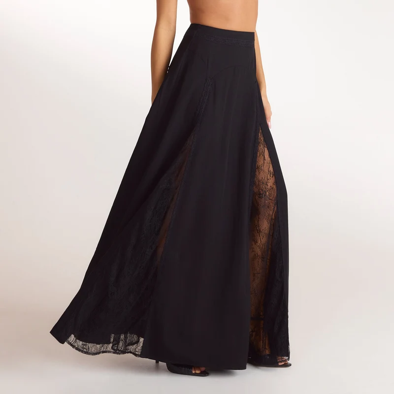 Lace Panel Maxi Skirt - Black