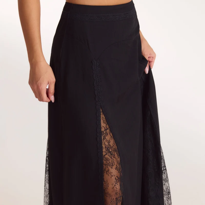 Lace Panel Maxi Skirt - Black
