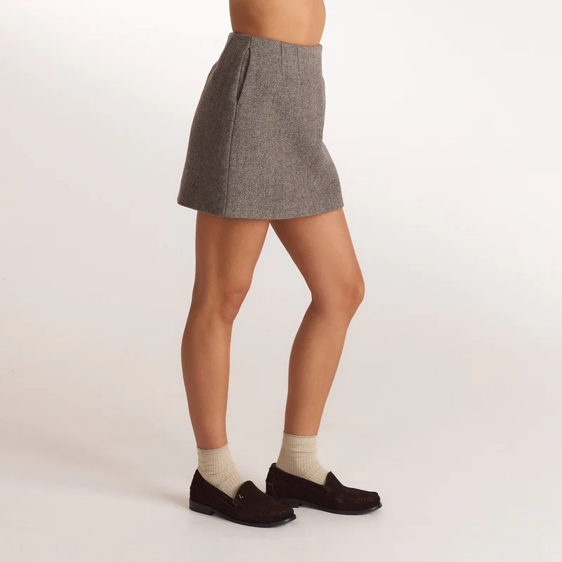 Herringbone A-Line Mini Skirt - Brown