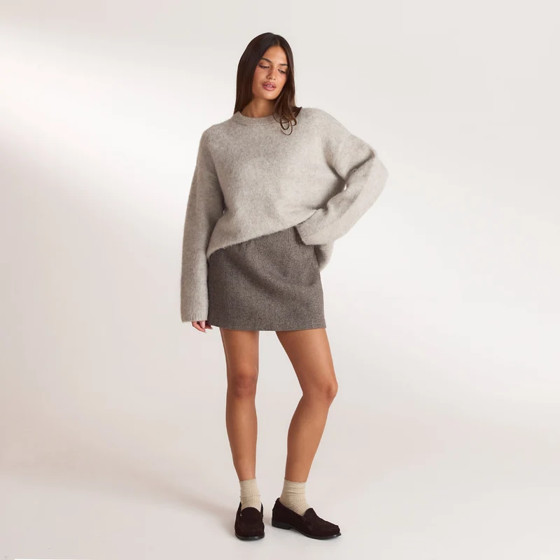 Herringbone A-Line Mini Skirt - Brown