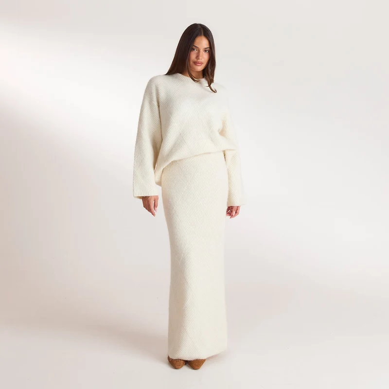Diamond Knitted Maxi Skirt - Cream