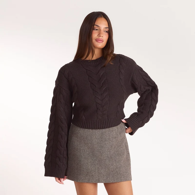 Cropped Cable-Knit Jumper - Dark Chocolate