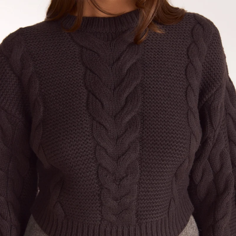 Cropped Cable-Knit Jumper - Dark Chocolate