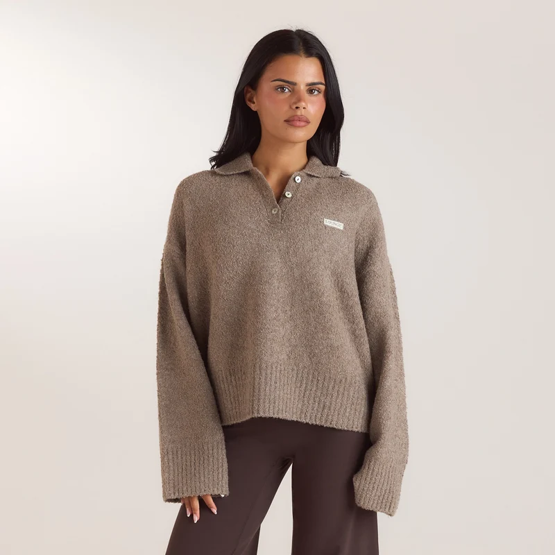 Bouclé Knitted Polo Jumper - Taupe