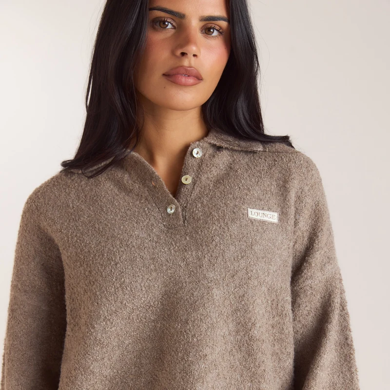 Bouclé Knitted Polo Jumper - Taupe