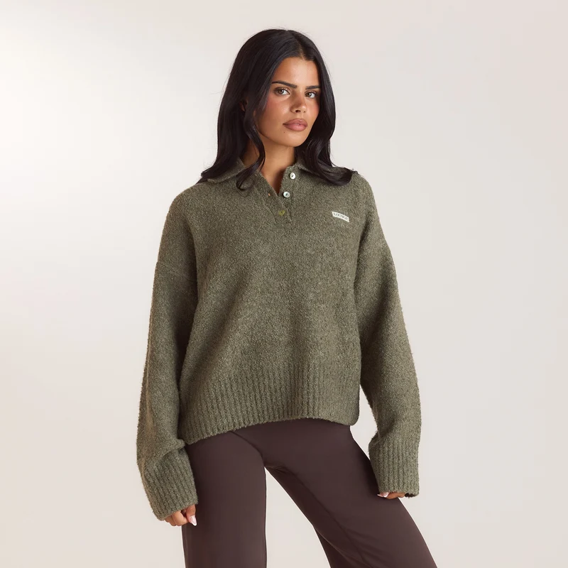 Bouclé Knitted Polo Jumper - Khaki