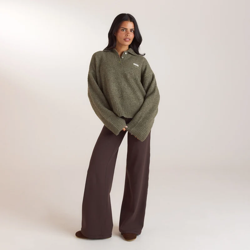 Bouclé Knitted Polo Jumper - Khaki