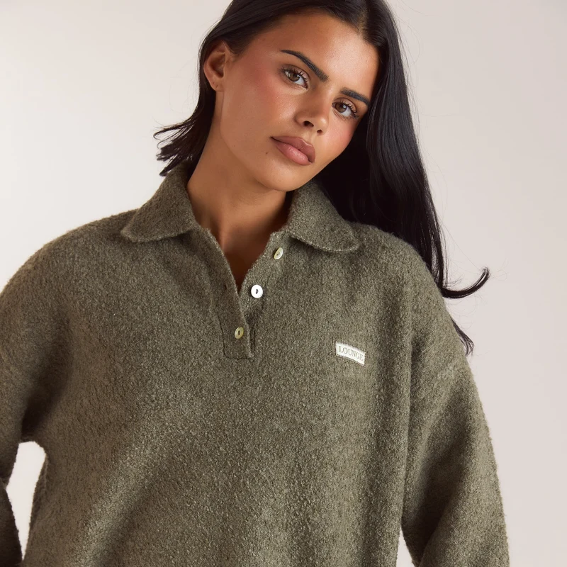 Bouclé Knitted Polo Jumper - Khaki