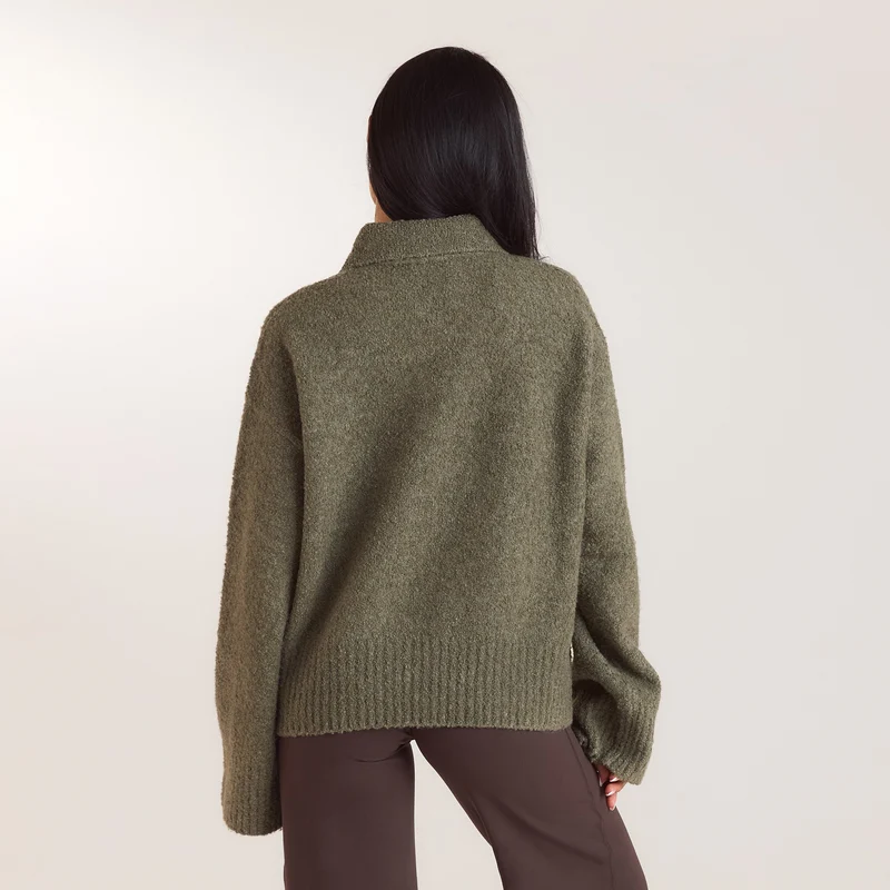 Bouclé Knitted Polo Jumper - Khaki