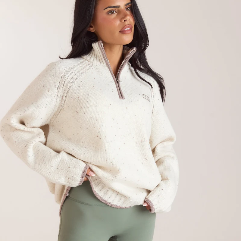 Knitted Wool Quarter-Zip Jumper - Cream