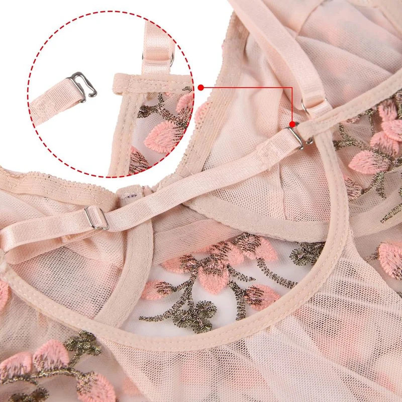 Zartrosa bestickter Mesh-Teddy – mit Bügel-BH, 3D-Stickerei, überkreuzter Taille und verstellbarem Schritt