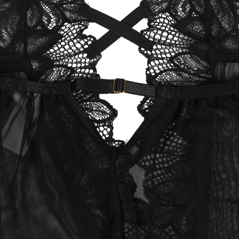 Schwarzer Neckholder-Teddy aus floralem Mesh und Spitze – Tiefer Ausschnitt, rückenfrei, Rüschensaum und verstellbare Träger