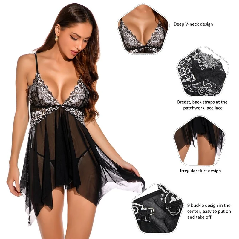 Schwarzes Babydoll aus Spitze – Tiefer V-Ausschnitt, unregelmäßiger Saum und neun Knöpfe vorne