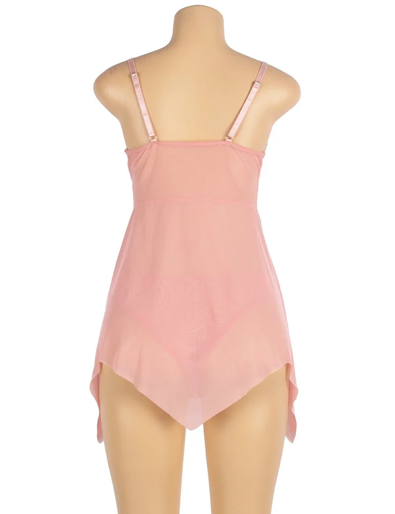 Babydoll aus orangefarbenem, digital bedrucktem Mesh-Gewebe mit offener Vorderseite und passendem bedrucktem Höschen