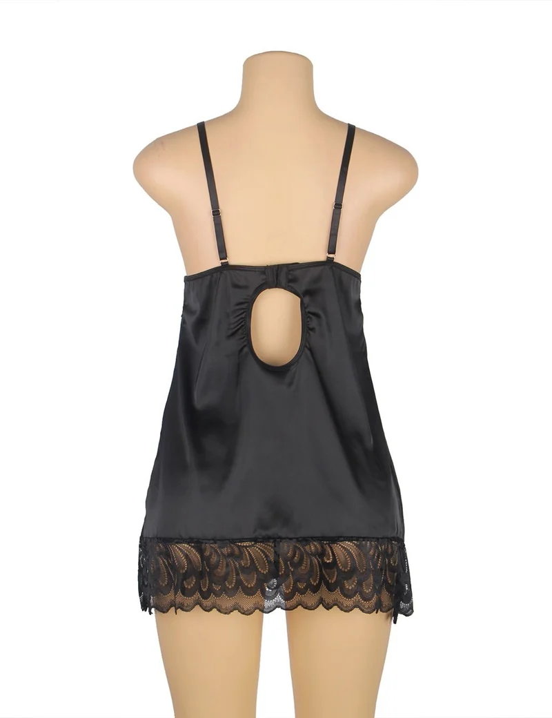 Schwarzes Babydoll mit Blumenmuster und Spitze – Haken- und Ösenverschluss am Rücken, Übergröße