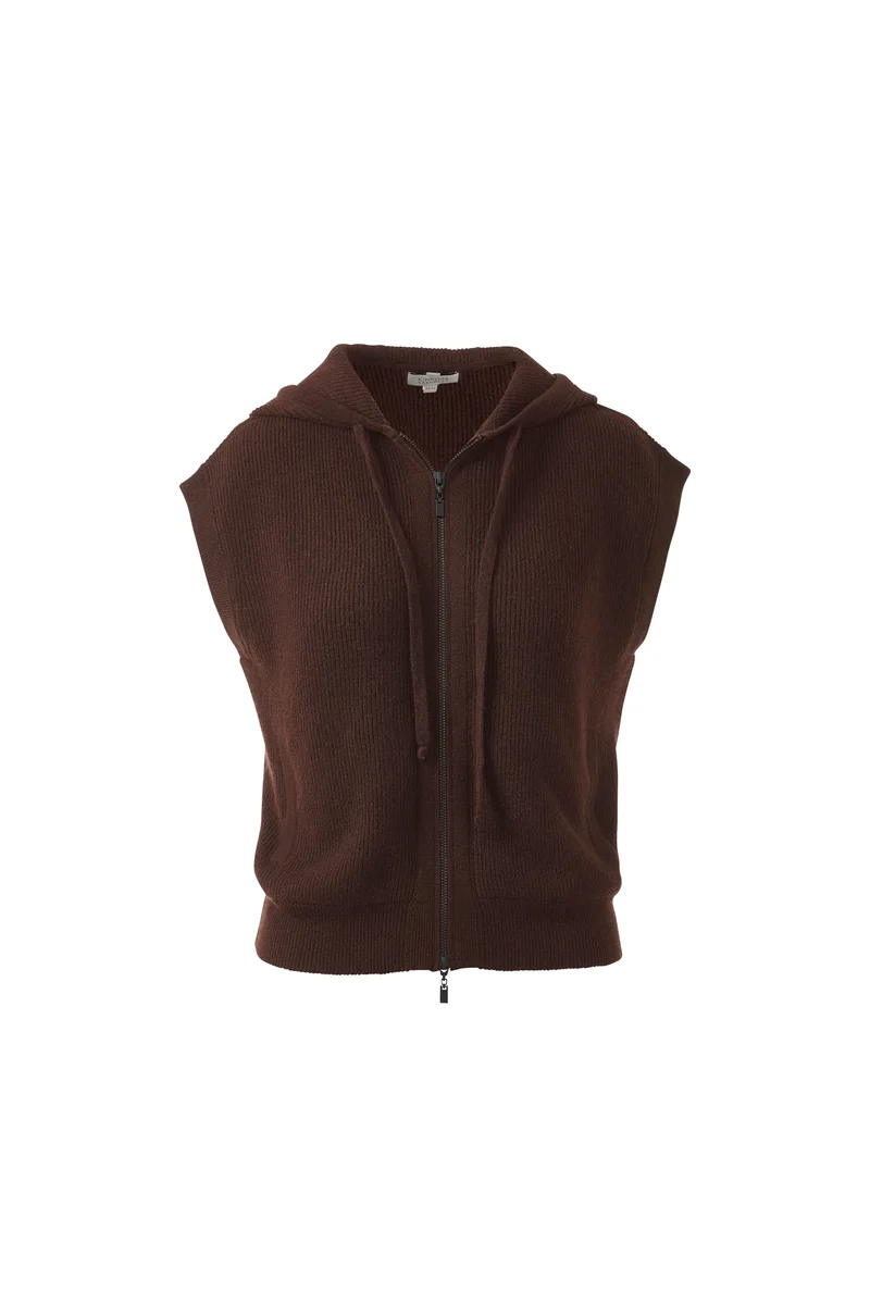Sleeveless Rib Zip Hoodie Chocolate