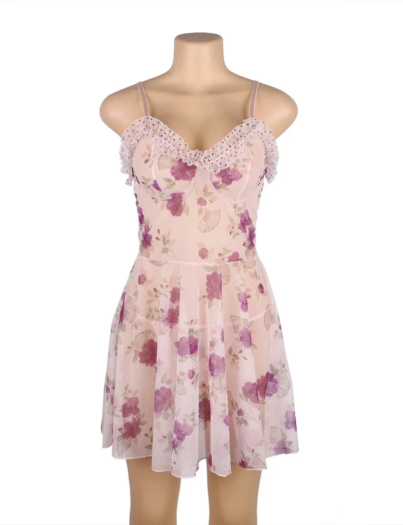 Transparentes Babydoll mit lila Blumenmuster und passendem G-String-Set