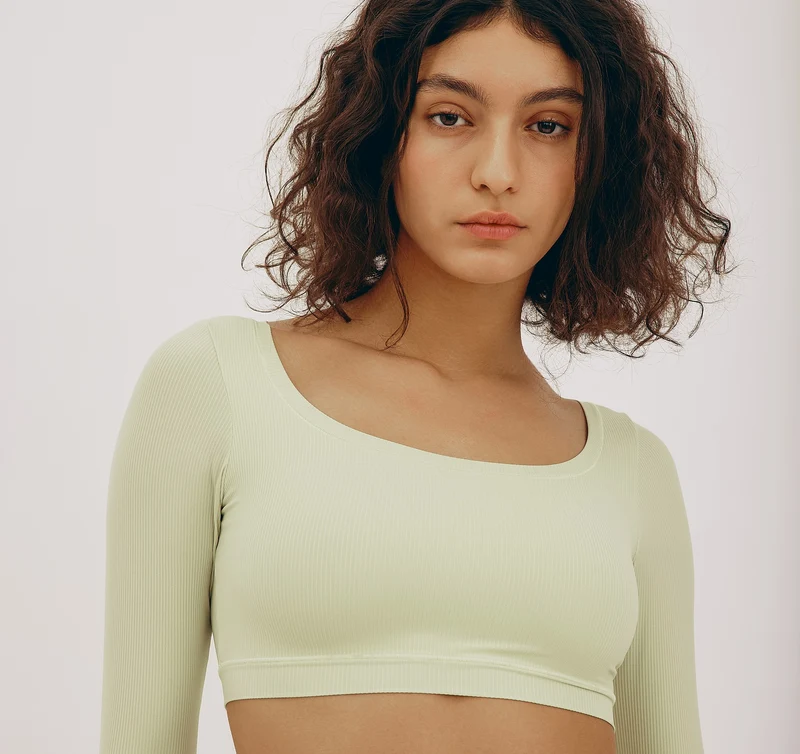 Algae Life Naked Rib Crop Scoop Neck Long Sleeve Top