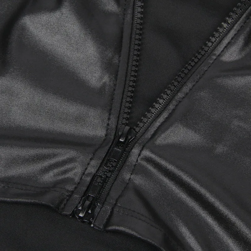 Schwarzes, figurbetontes Minikleid aus Kunstleder – mit Spitzeneinsatz im Brustbereich, Reißverschluss vorne und breiten, verstellbaren Trägern