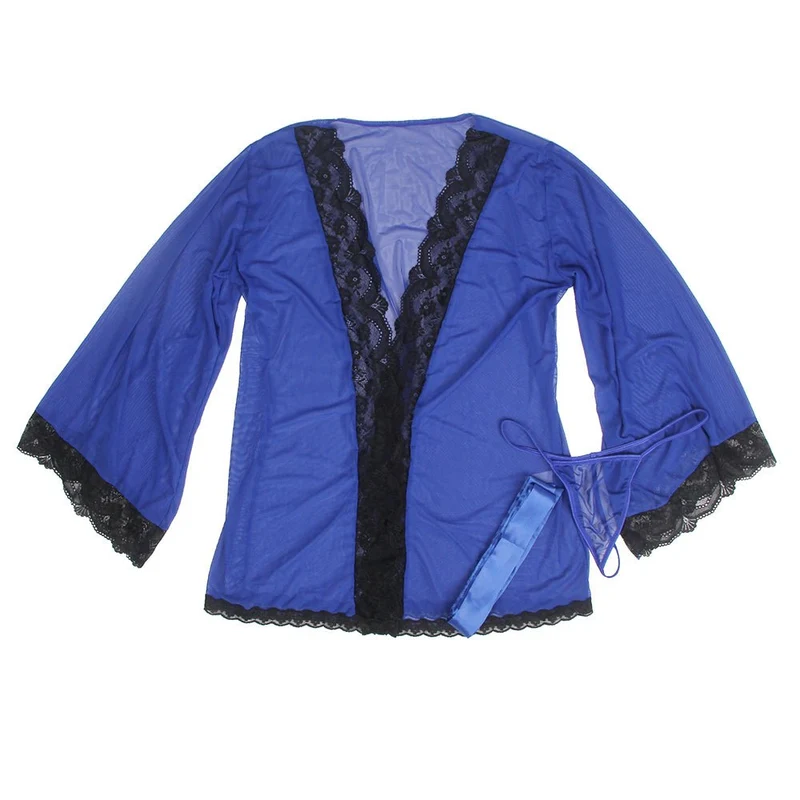 Blauer, elastischer Netz-Bademantel – Glockenärmel, Spitzenbesatz, Satingürtel und String-Set