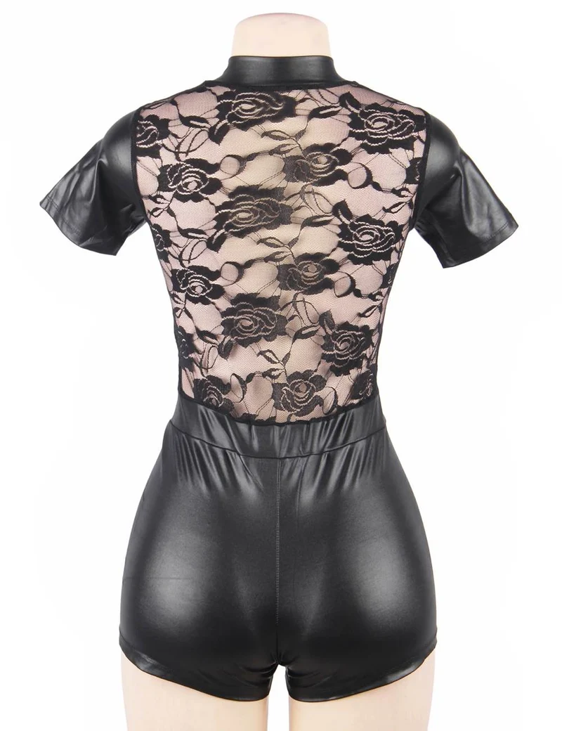 Body aus Kunstleder und Spitze – Rundhalsausschnitt, kurze Ärmel, Mesh-Einsätze und Reißverschluss