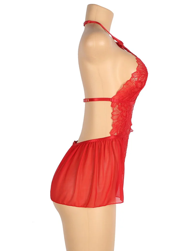 Roter Neckholder-Teddy aus floralem Mesh und Spitze – Tiefer Ausschnitt, rückenfrei, Rüschensaum und verstellbare Träger