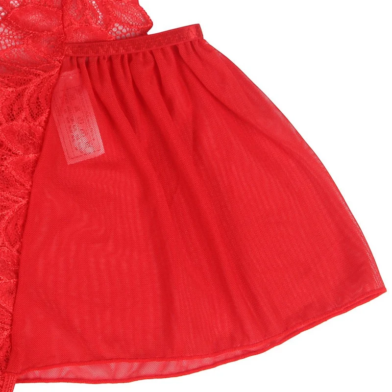 Roter Neckholder-Teddy aus floralem Mesh und Spitze – Tiefer Ausschnitt, rückenfrei, Rüschensaum und verstellbare Träger