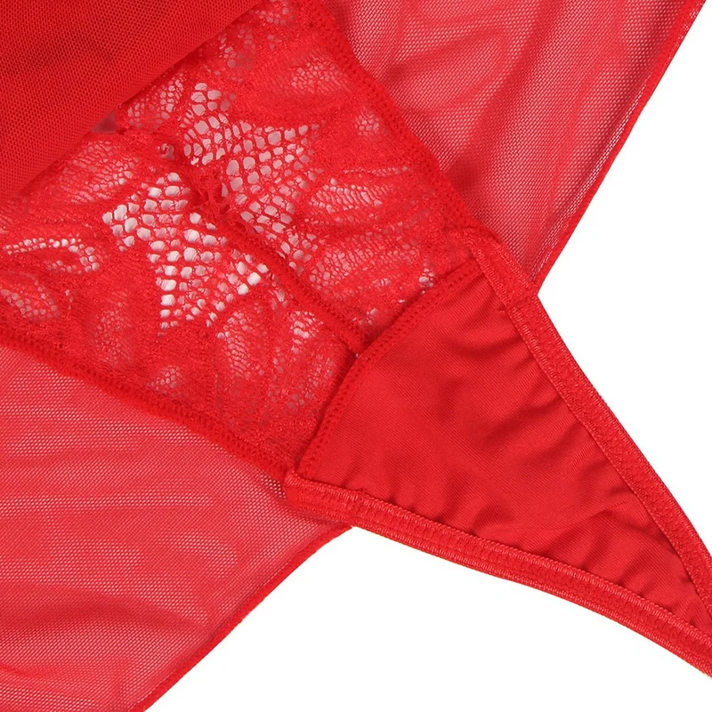Roter Neckholder-Teddy aus floralem Mesh und Spitze – Tiefer Ausschnitt, rückenfrei, Rüschensaum und verstellbare Träger