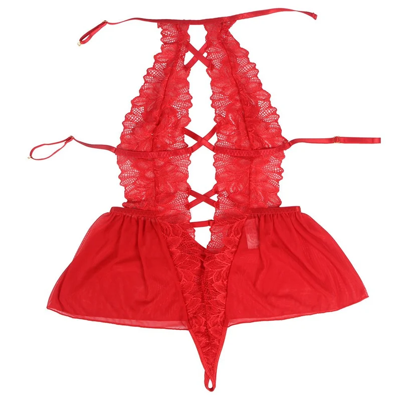 Roter Neckholder-Teddy aus floralem Mesh und Spitze – Tiefer Ausschnitt, rückenfrei, Rüschensaum und verstellbare Träger