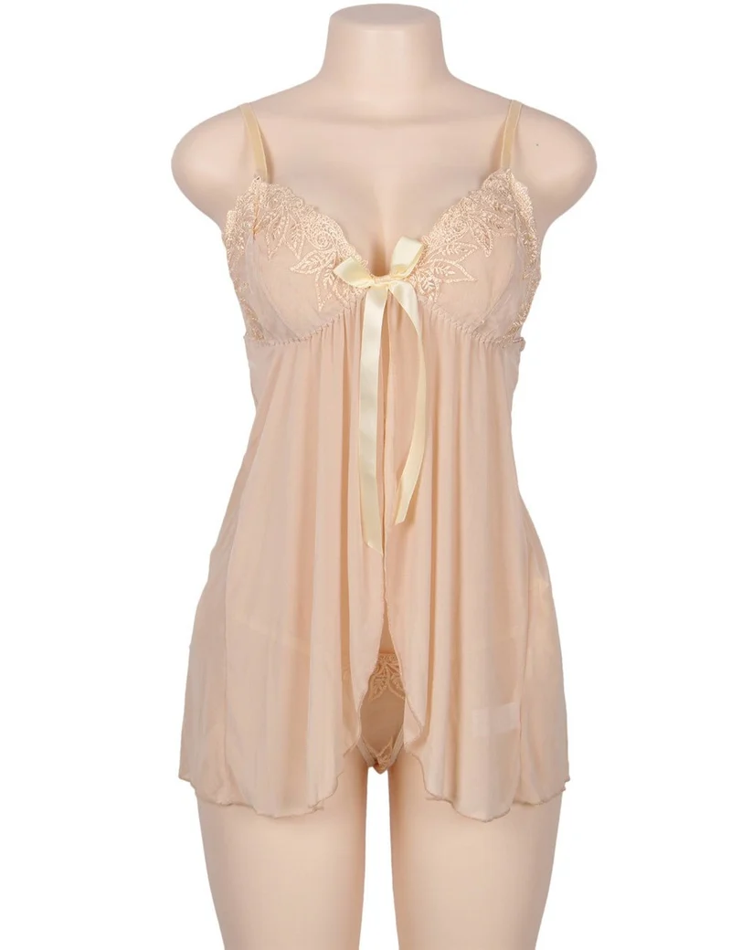 Beiges, durchsichtiges Babydoll- und G-String-Set aus Netzstoff