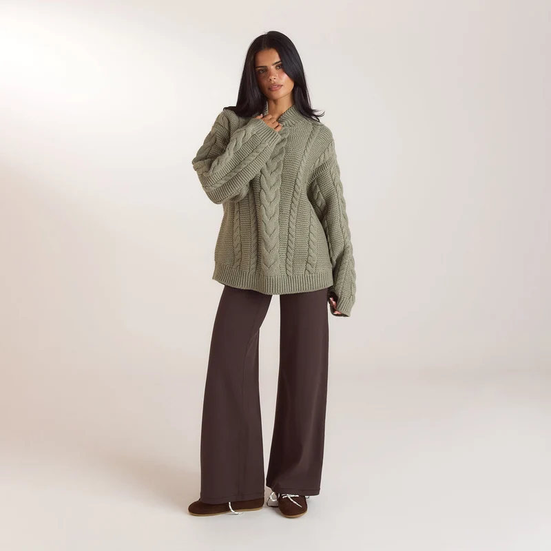 Oversized-Strickpullover mit Zopfmuster - Olivgrün