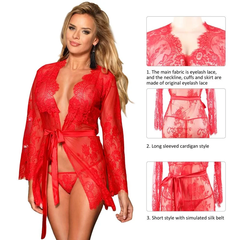 Roter Cardigan-Bademantel mit langen Ärmeln und Wimpernspitze – Rohspitzenbesatz, seidenähnlicher Bund und passender String