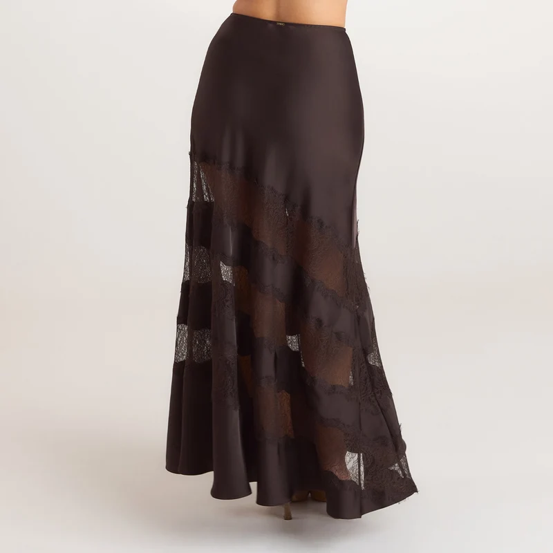 Lace Trim Maxi Skirt - Chocolate