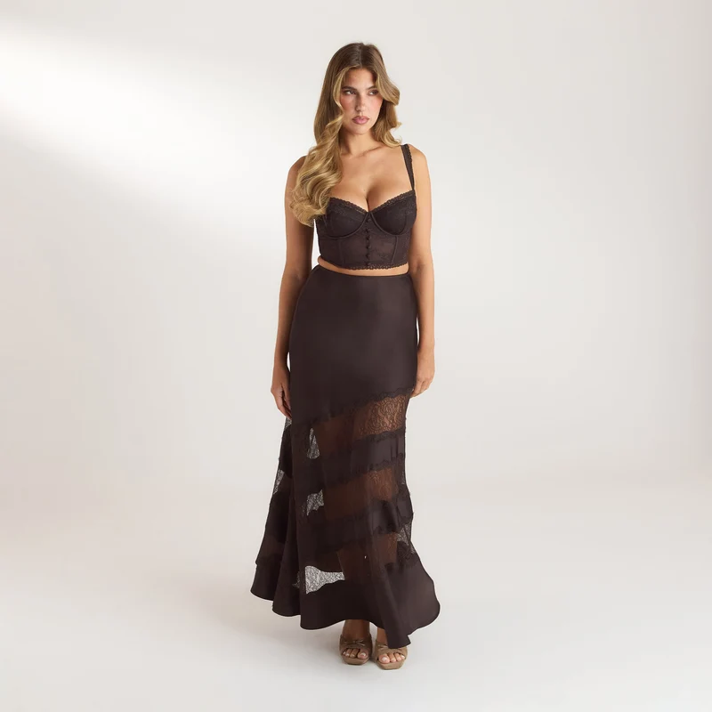 Lace Trim Maxi Skirt - Chocolate