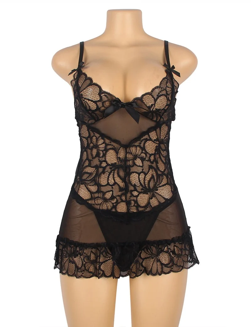 Schwarzes, transparentes Babydoll aus Mesh und Spitze mit V-Ausschnitt aus Spitze, Schleifendetail und gewelltem Saum