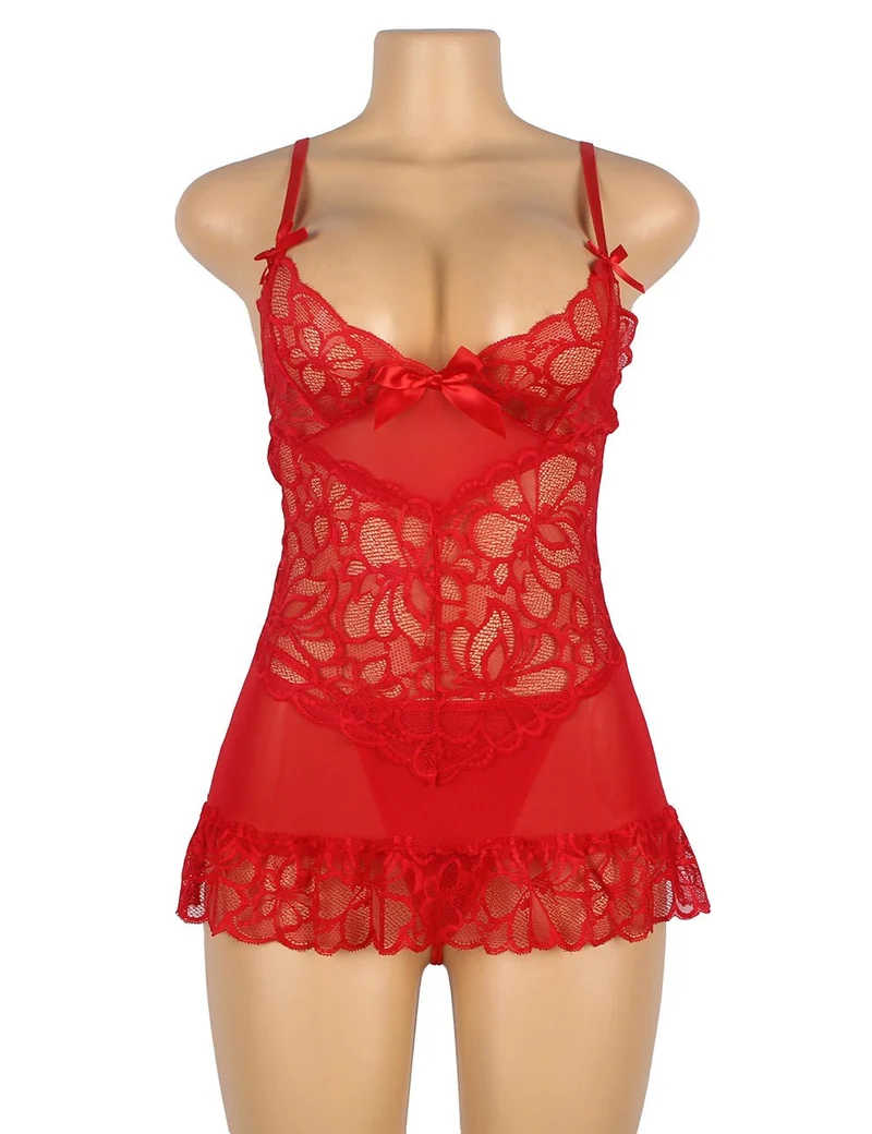 Rotes, transparentes Babydoll aus Mesh und Spitze mit V-förmigem Spitzeneinsatz, Schleifendetail und gewelltem Saum
