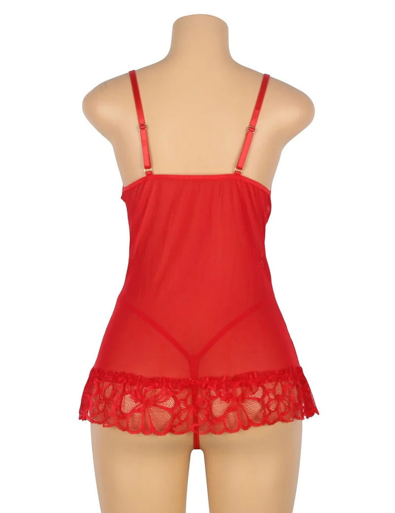 Rotes, transparentes Babydoll aus Mesh und Spitze mit V-förmigem Spitzeneinsatz, Schleifendetail und gewelltem Saum