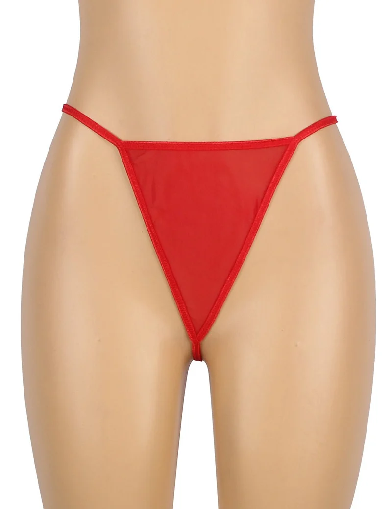 Rotes, transparentes Babydoll aus Mesh und Spitze mit V-förmigem Spitzeneinsatz, Schleifendetail und gewelltem Saum