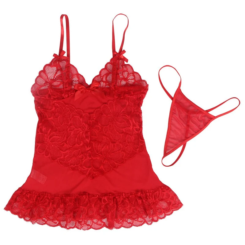 Rotes, transparentes Babydoll aus Mesh und Spitze mit V-förmigem Spitzeneinsatz, Schleifendetail und gewelltem Saum