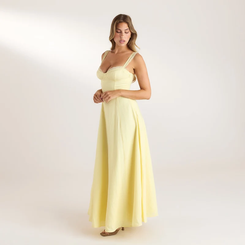 Lace Trim Maxi Dress - Lemon